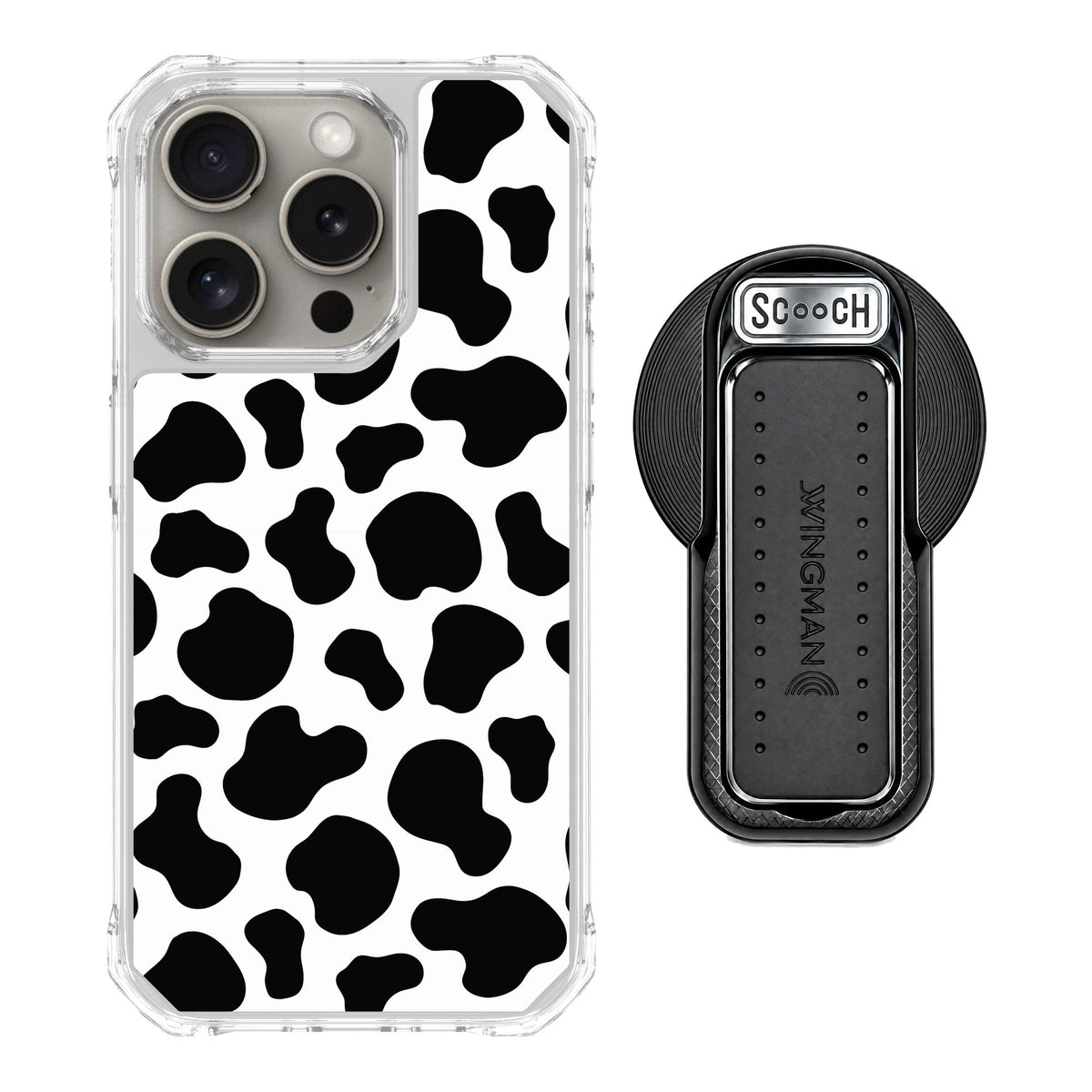 Scooch MagCase Cow Print for iPhone 15 Pro — MagSafe Wingback Bundle - Black