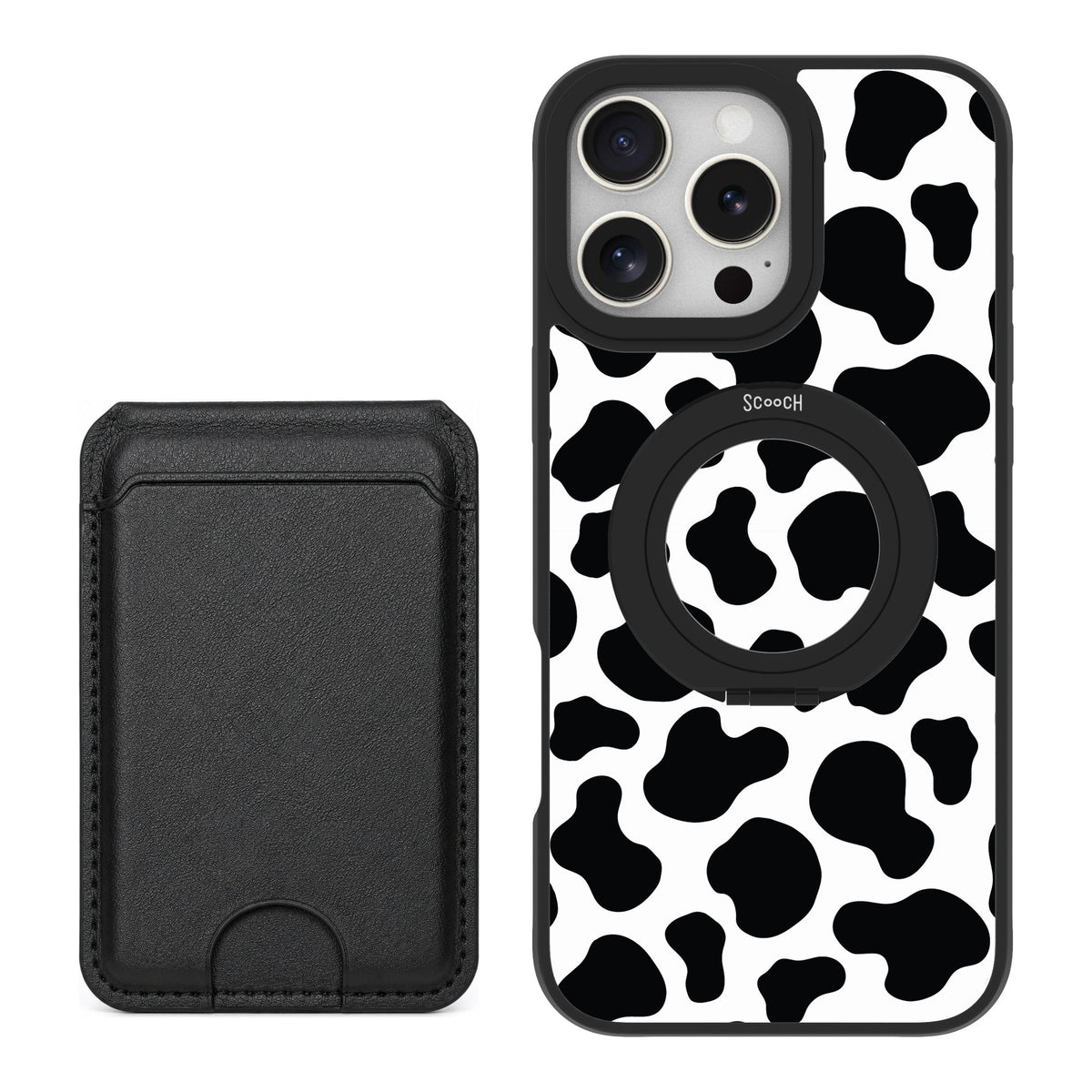 Scooch MagCase Cow Print for iPhone 16 Pro Max — Black MagWallet Bundle