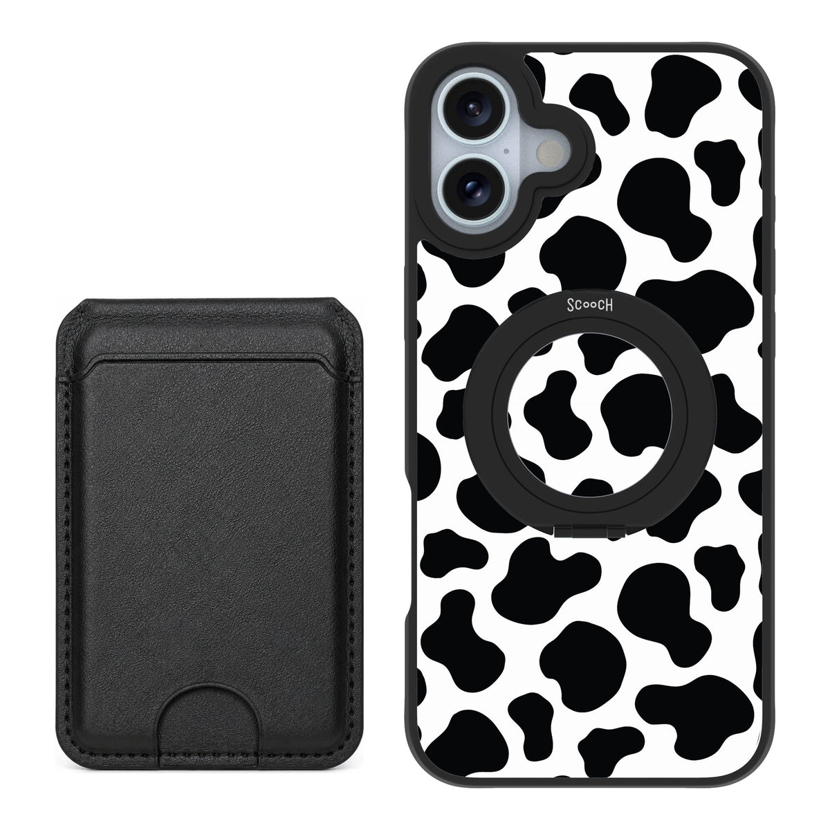Scooch MagCase Cow Print for iPhone 16 Plus — Black MagWallet Bundle
