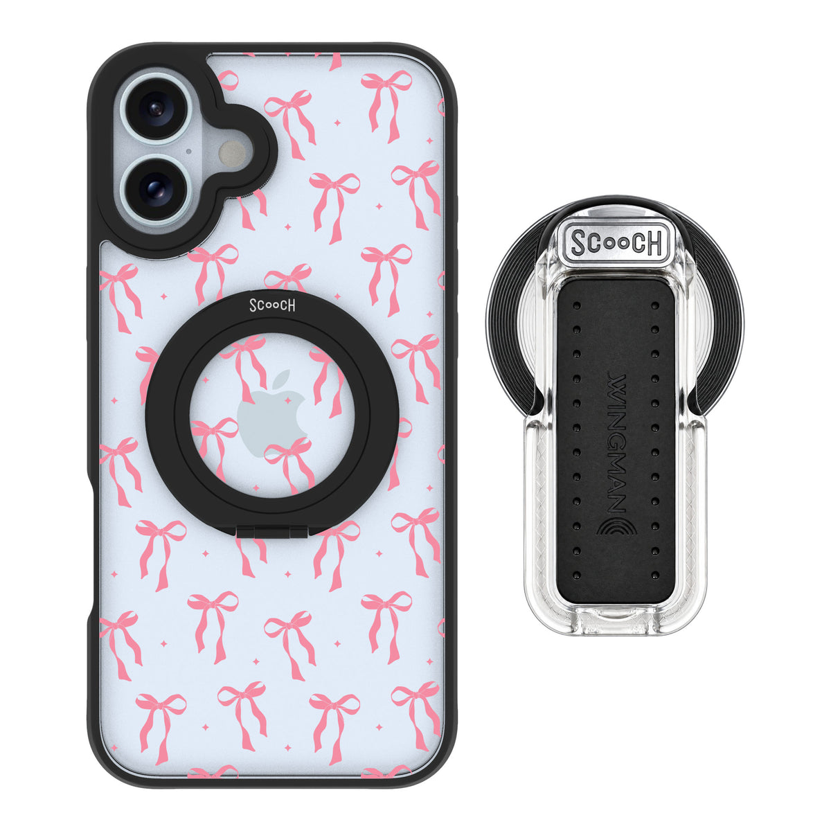 Scooch MagCase Pink Bows for iPhone 16 Plus — MagSafe Wingback Bundle - Clear