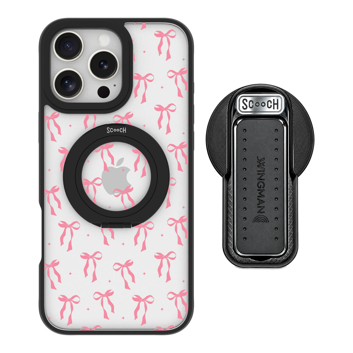 Scooch MagCase Pink Bows for iPhone 16 Pro Max — MagSafe Wingback Bundle - Black