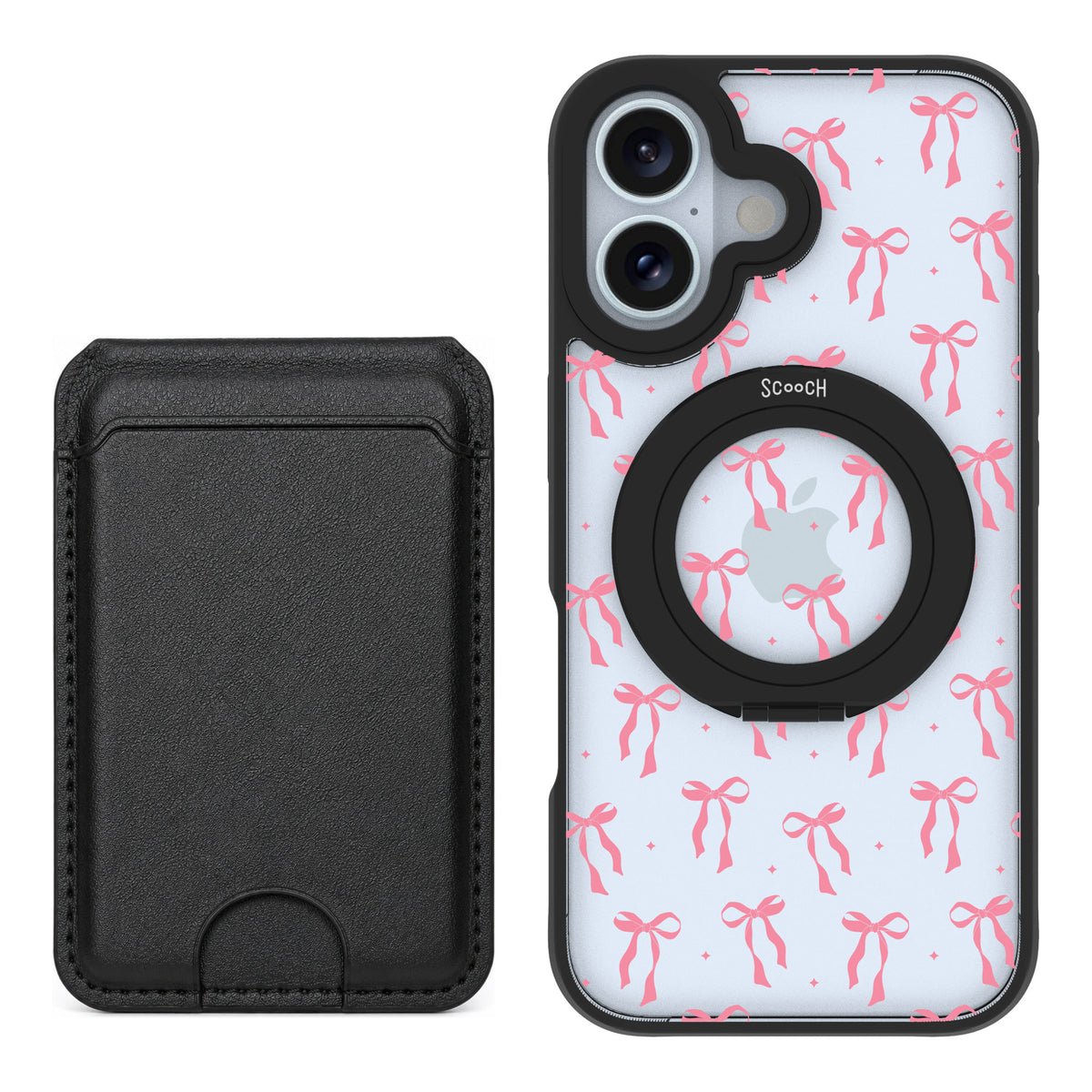 Scooch MagCase Pink Bows for iPhone 16 — Black MagWallet Bundle