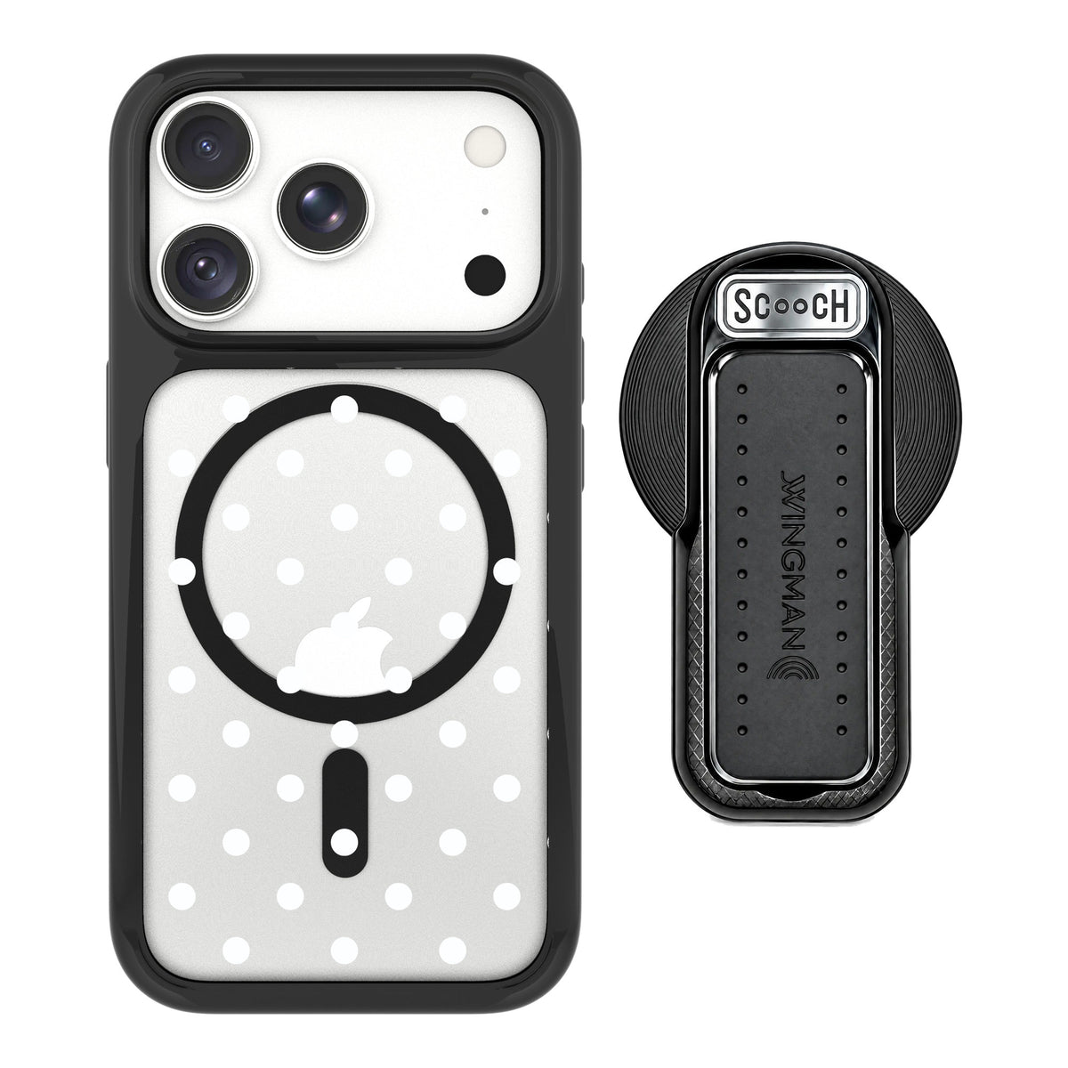 Scooch MagCase Polka Dots for iPhone 18 Pro Max — MagSafe Wingback Bundle - Black