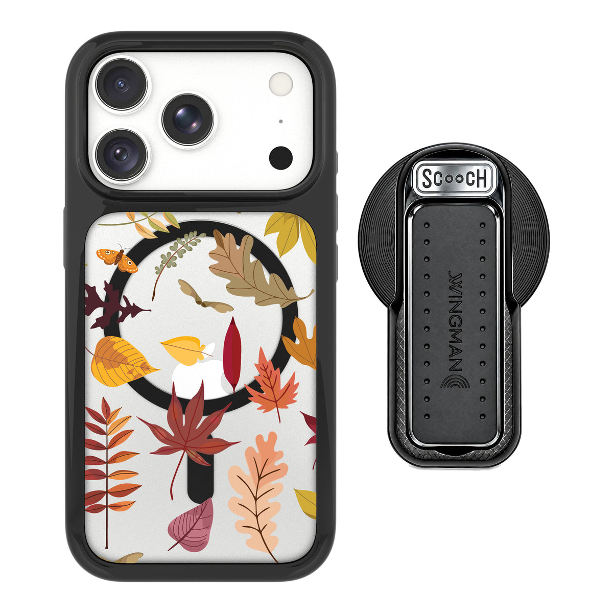 Scooch MagCase Autumn Leaves for iPhone 18 Pro — MagSafe Wingback Bundle - Black