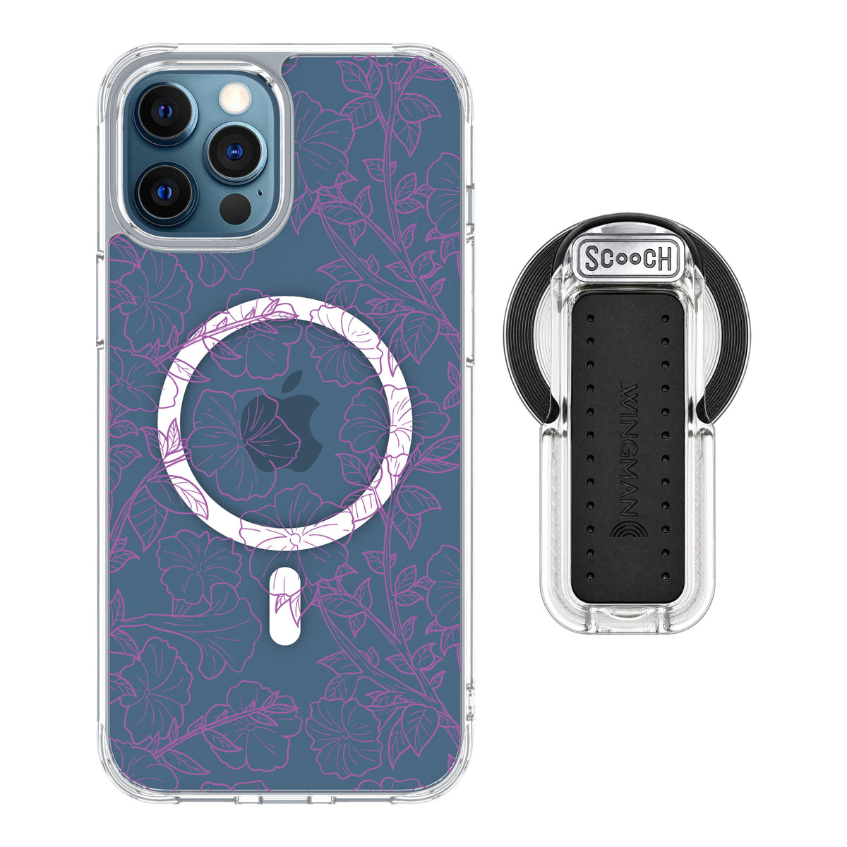 Scooch MagCase Purple Petunias for iPhone 12 Pro — MagSafe Wingback Bundle - Clear