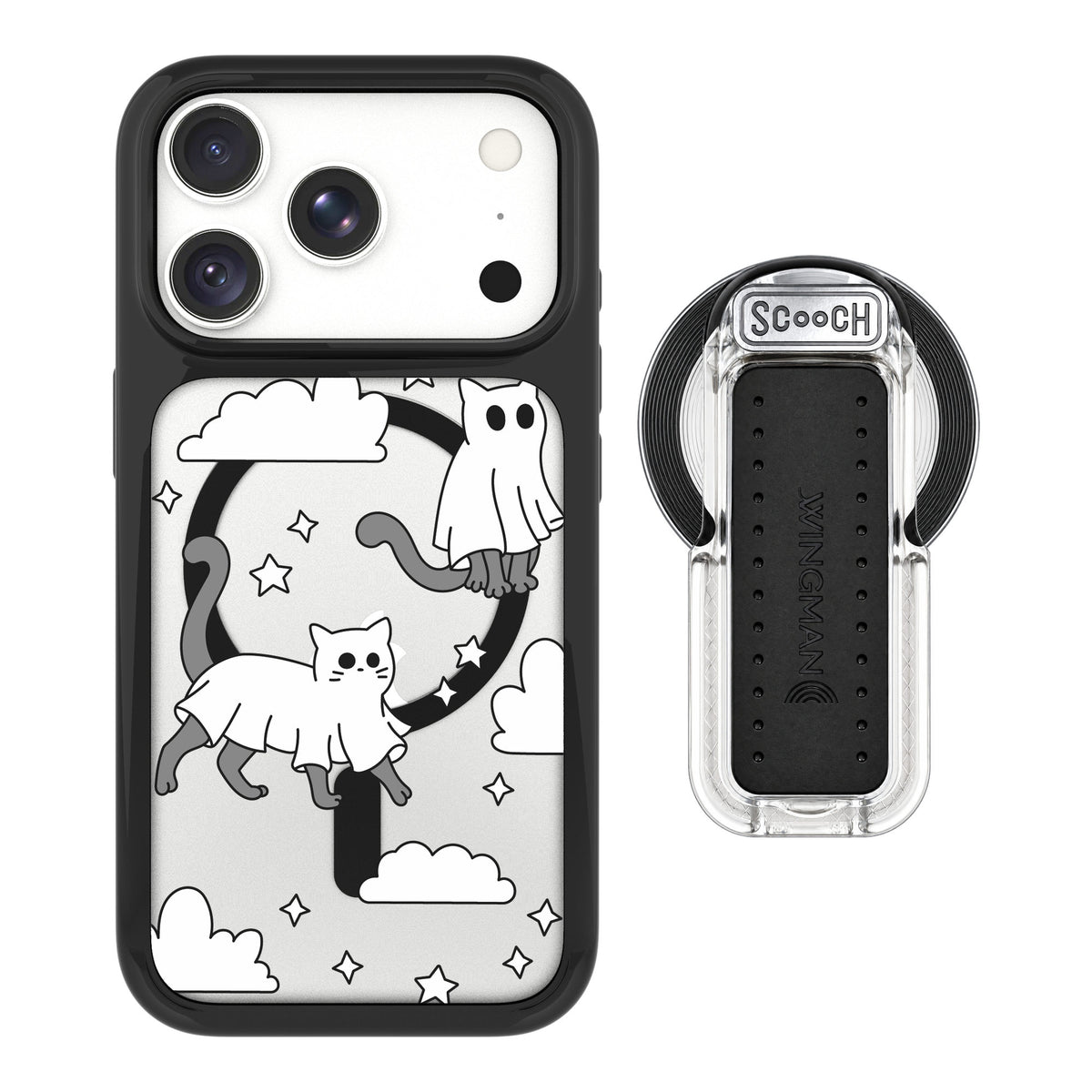 Scooch MagCase Scaredy Cats for iPhone 18 Pro — MagSafe Wingback Bundle - Clear
