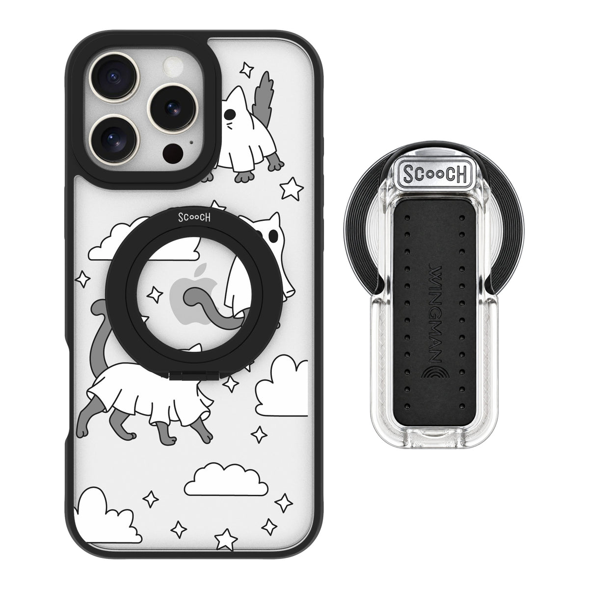 Scooch MagCase Scaredy Cats for iPhone 16 Pro Max — MagSafe Wingback Bundle - Clear