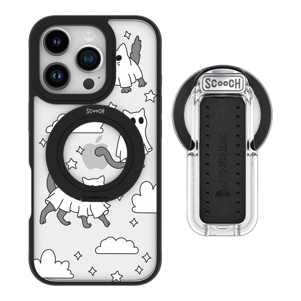 Scooch MagCase Scaredy Cats for iPhone 16 Pro — MagSafe Wingback Bundle - Clear
