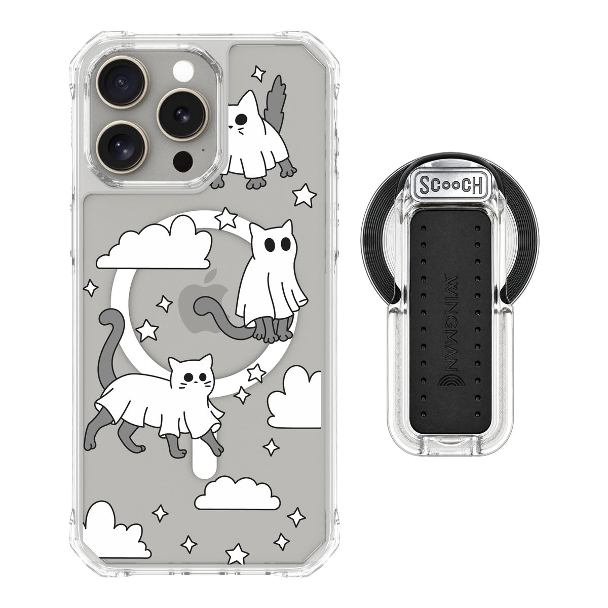 Scooch MagCase Scaredy Cats for iPhone 15 Pro Max — MagSafe Wingback Bundle - Clear