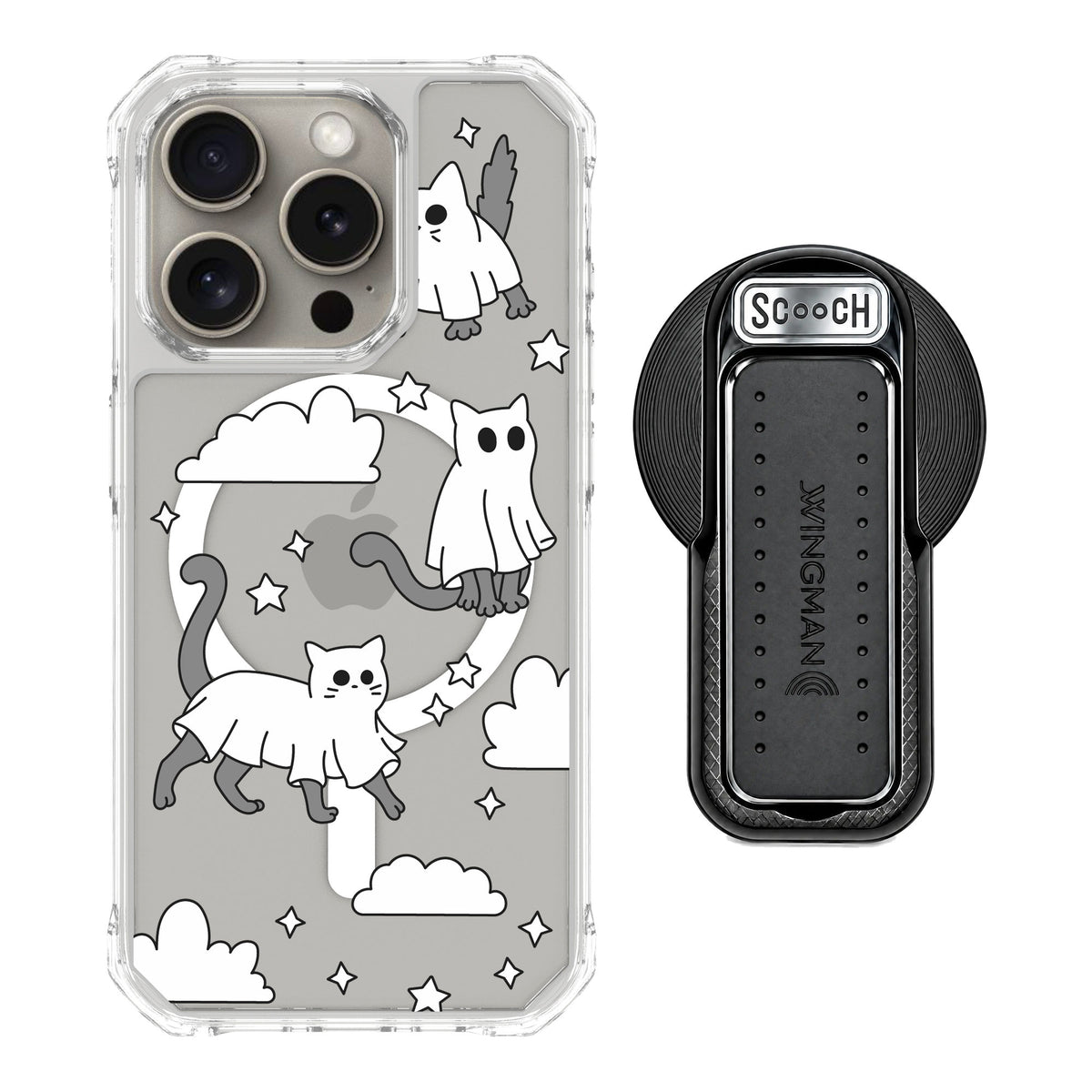Scooch MagCase Scaredy Cats for iPhone 15 Pro — MagSafe Wingback Bundle - Black