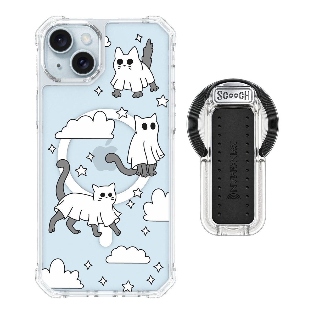 Scooch MagCase Scaredy Cats for iPhone 15 Plus — MagSafe Wingback Bundle - Clear