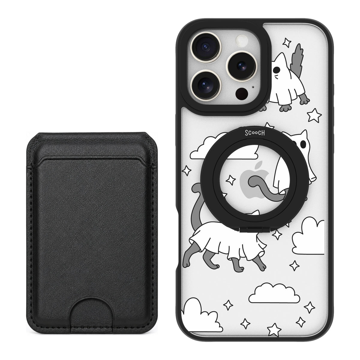 Scooch MagCase Scaredy Cats for iPhone 16 Pro Max — Black MagWallet Bundle