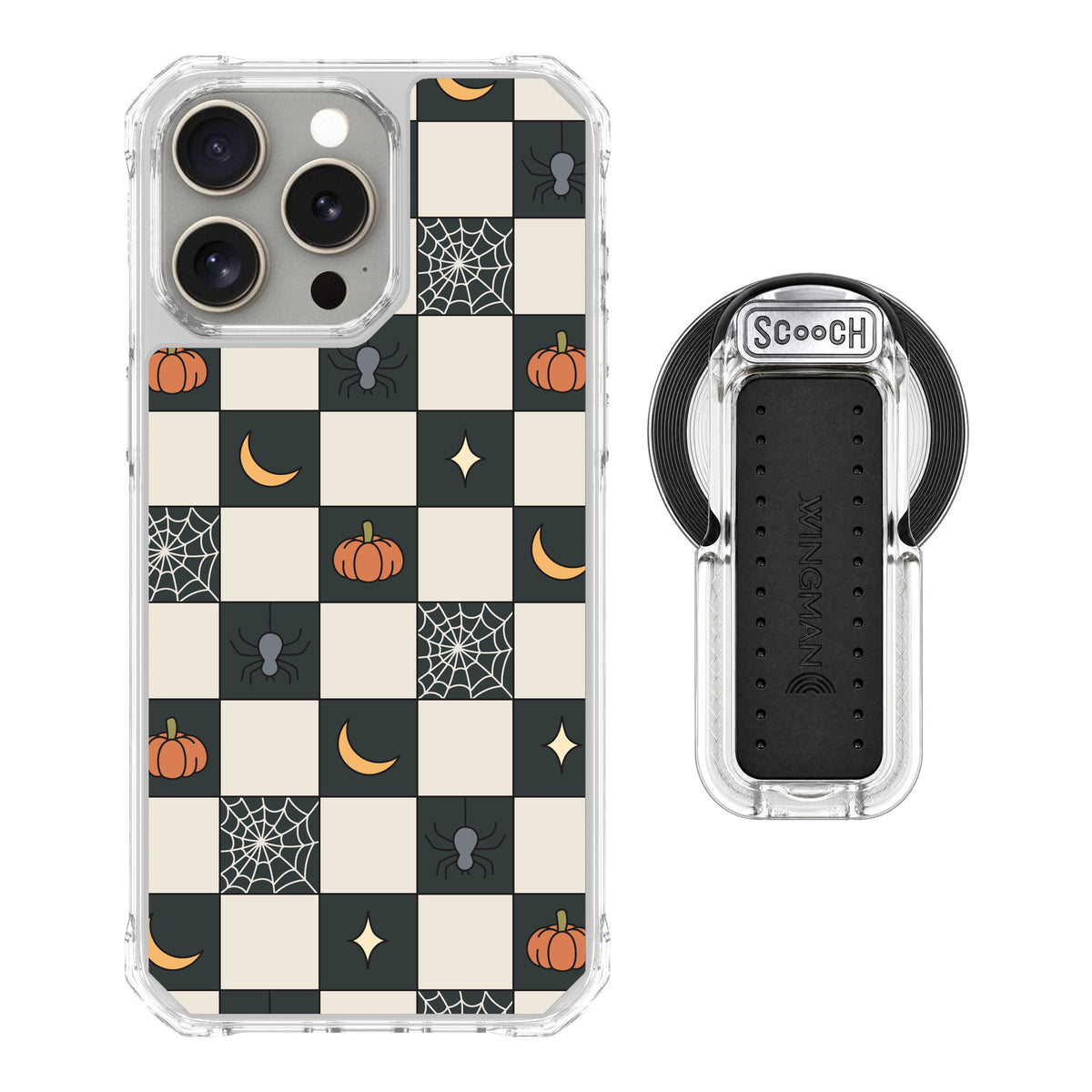 Scooch MagCase Spooky Squares for iPhone 15 Pro Max — MagSafe Wingback Bundle - Clear