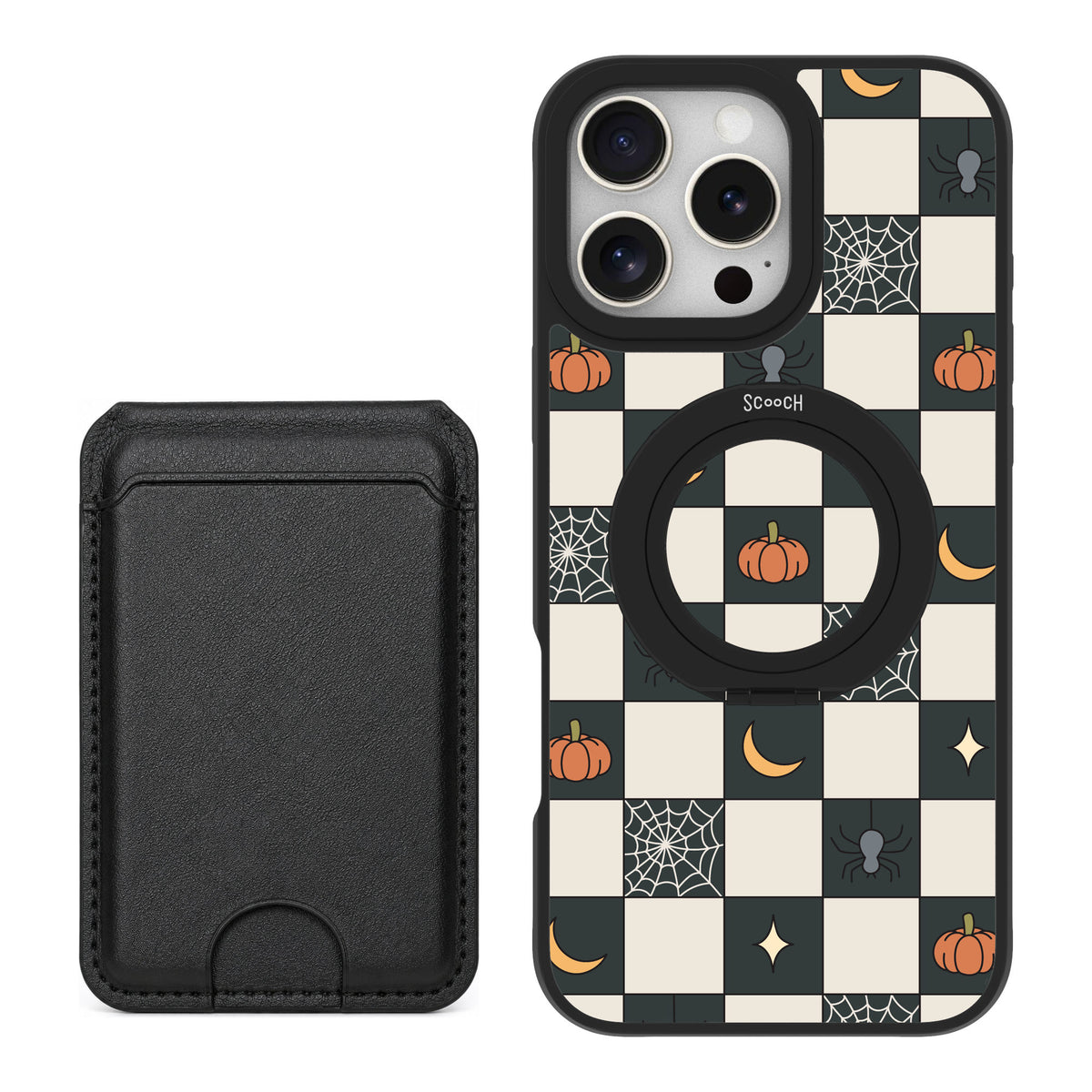 Scooch MagCase Spooky Squares for iPhone 16 Pro Max — Black MagWallet Bundle