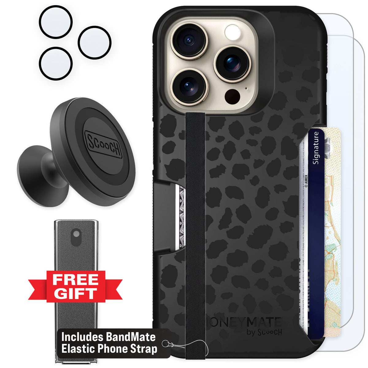 Scooch Moneymate Black Leopard for iPhone 15 Pro — Defender Bundle