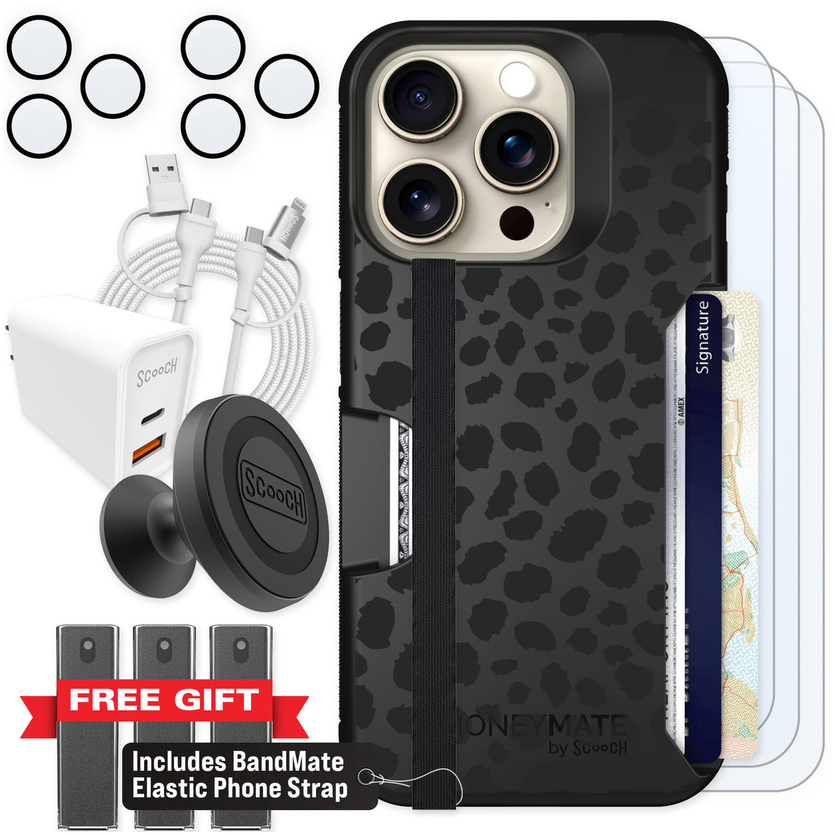 Scooch Moneymate Black Leopard for iPhone 15 Pro — Ultimate Bundle