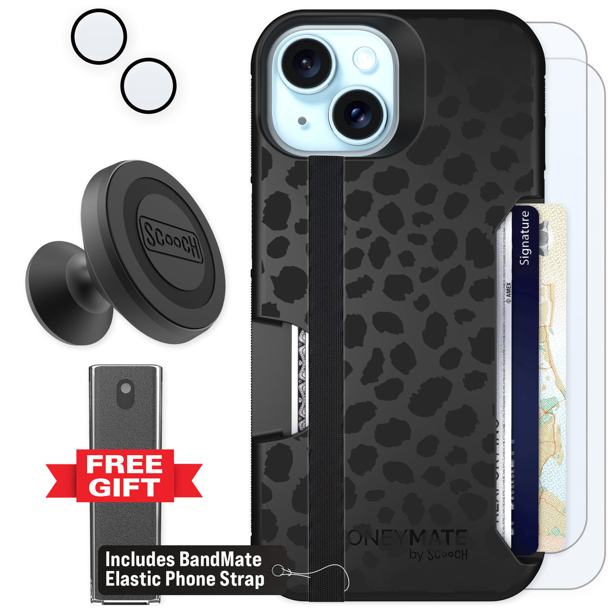 Scooch Moneymate Black Leopard for iPhone 15 — Defender Bundle