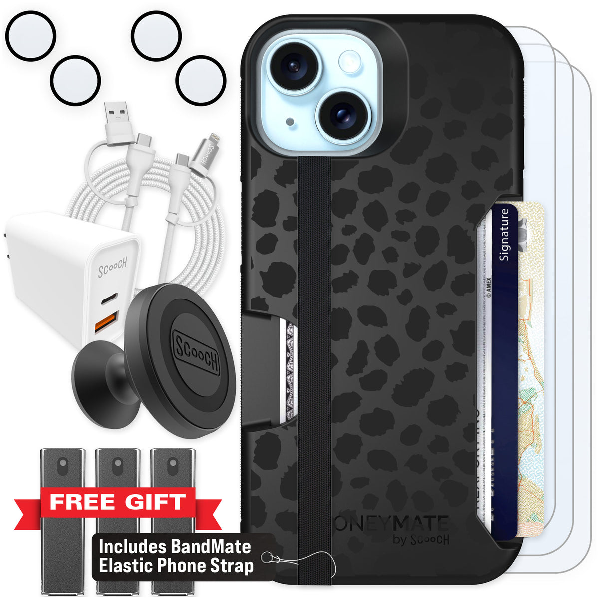 Scooch Moneymate Black Leopard for iPhone 15 — Ultimate Bundle