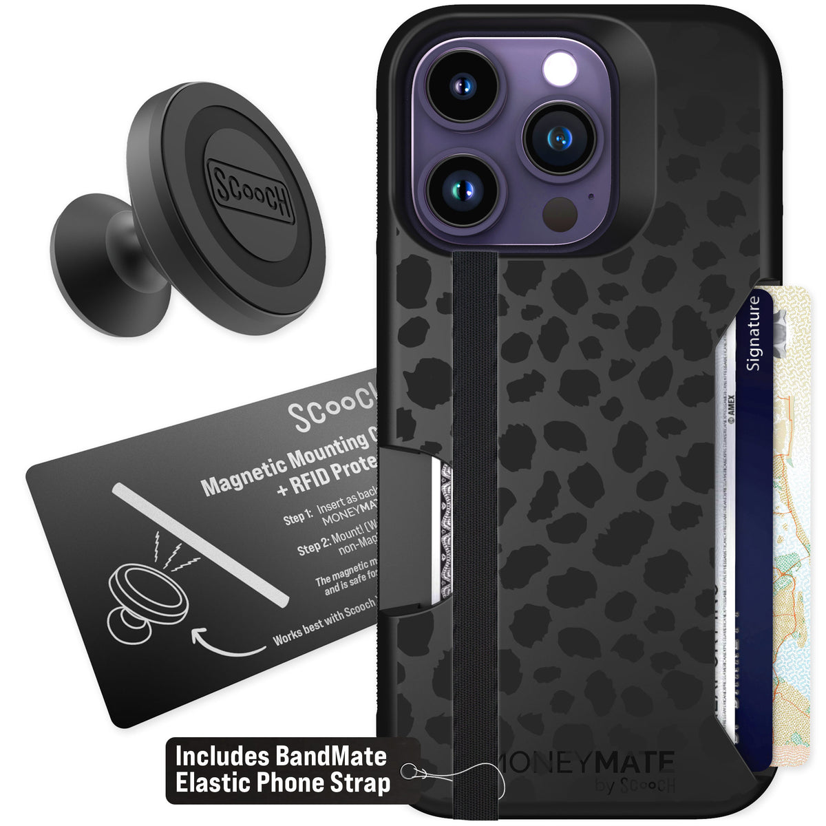 Scooch Moneymate Black Leopard for iPhone 14 Pro — Starter Bundle