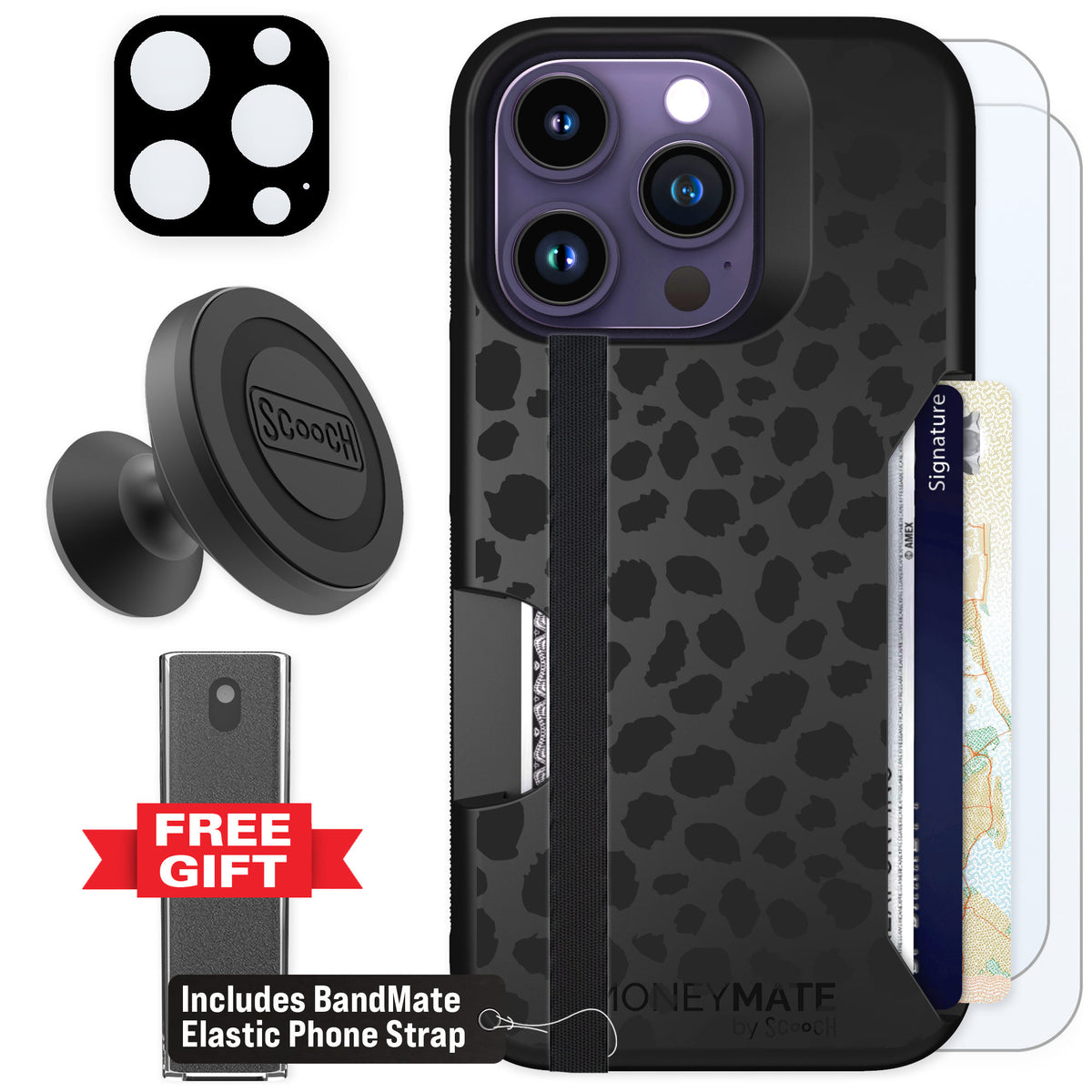 Scooch Moneymate Black Leopard for iPhone 14 Pro — Defender Bundle