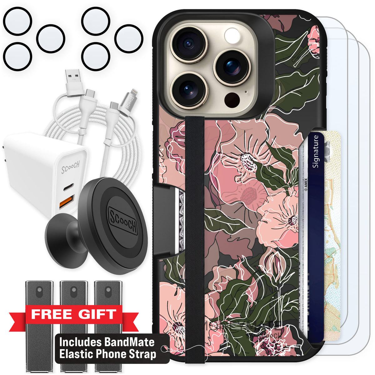 Scooch Moneymate Blush Botanical for iPhone 15 Pro — Ultimate Bundle