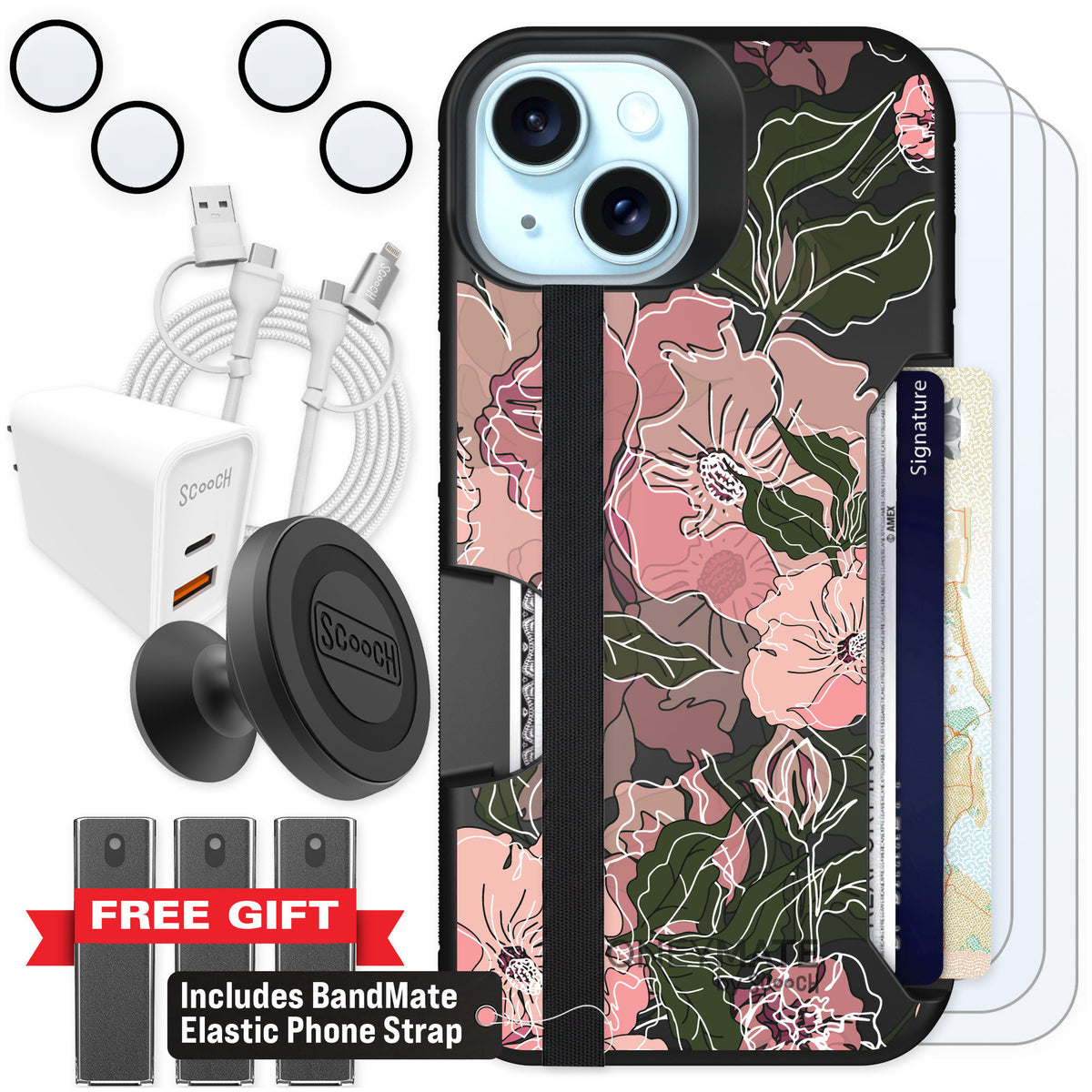 Scooch Moneymate Blush Botanical for iPhone 15 — Ultimate Bundle