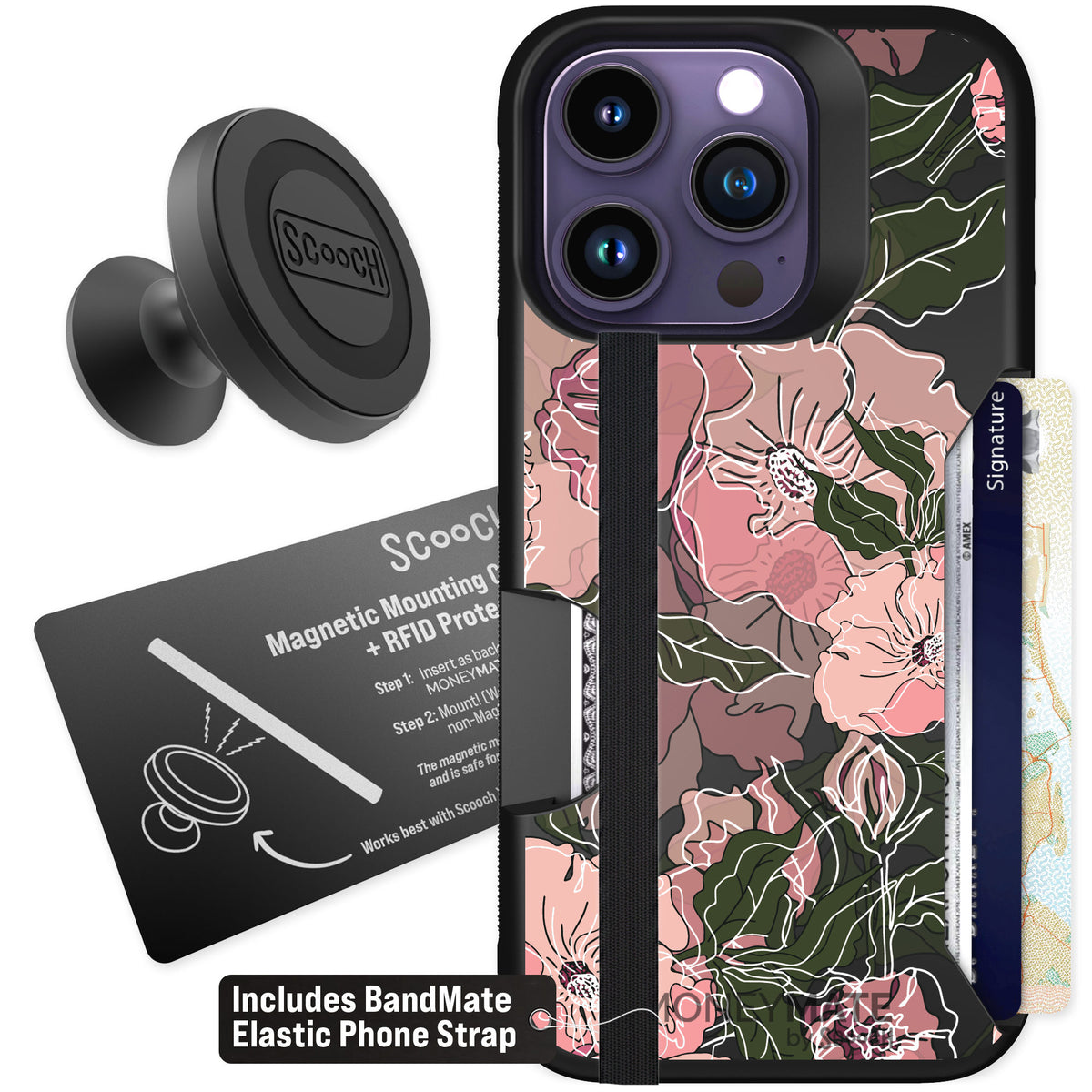Scooch Moneymate Blush Botanical for iPhone 14 Pro — Starter Bundle