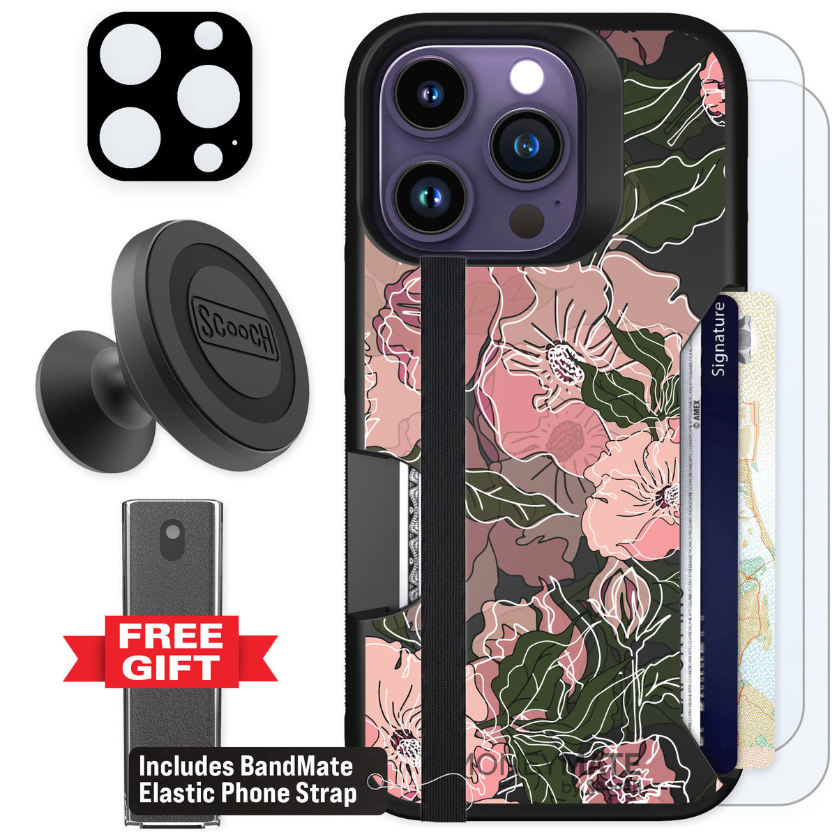 Scooch Moneymate Blush Botanical for iPhone 14 Pro — Defender Bundle