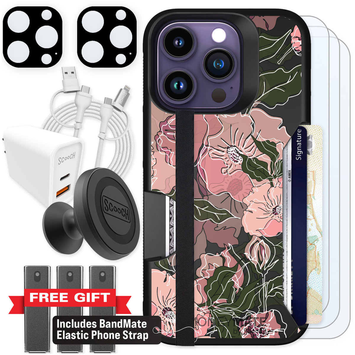 Scooch Moneymate Blush Botanical for iPhone 14 Pro — Ultimate Bundle