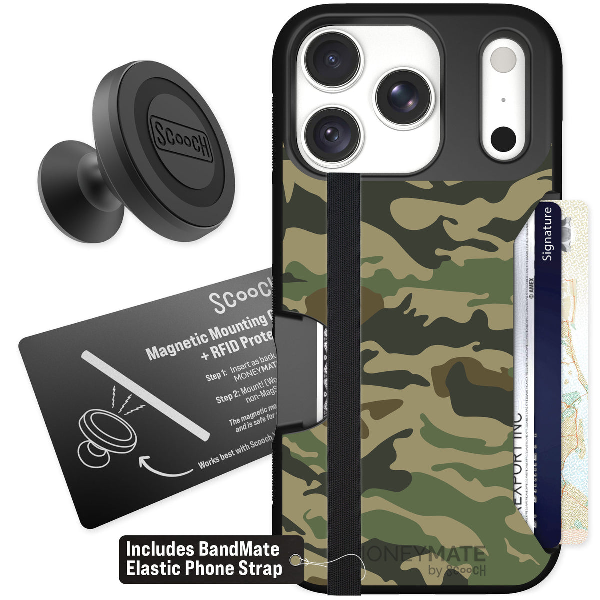 Scooch Moneymate Classic Camo for iPhone 18 Pro — Starter Bundle