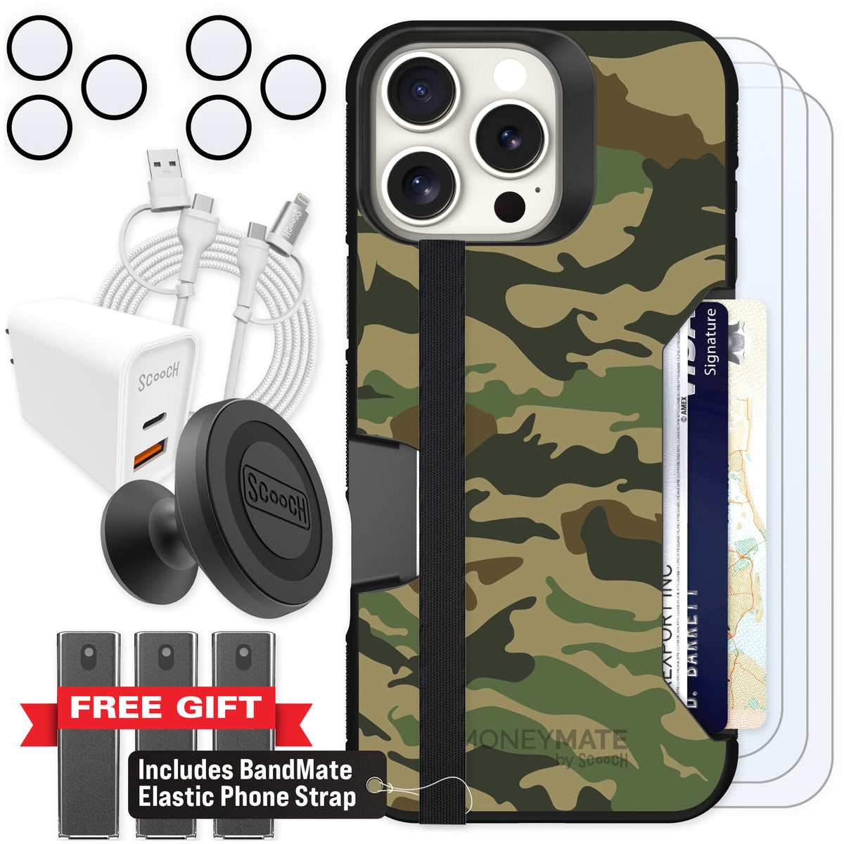 Scooch Moneymate Classic Camo for iPhone 16 Pro Max — Ultimate Bundle
