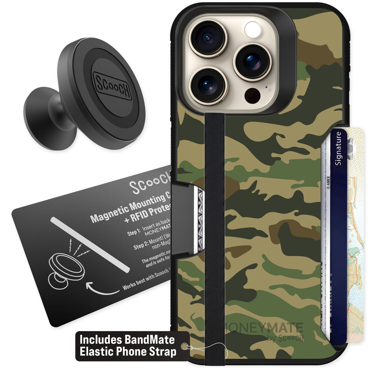 Scooch Moneymate Classic Camo for iPhone 15 Pro — Starter Bundle