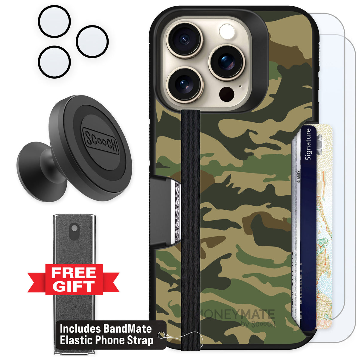Scooch Moneymate Classic Camo for iPhone 15 Pro — Defender Bundle
