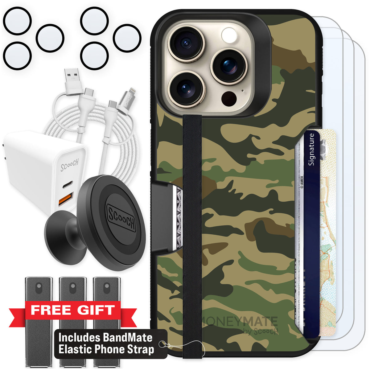 Scooch Moneymate Classic Camo for iPhone 15 Pro — Ultimate Bundle