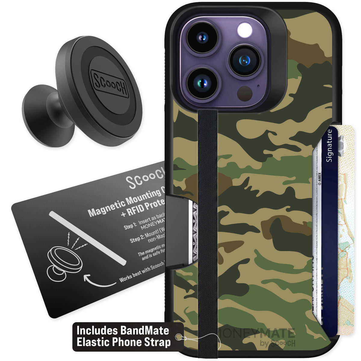 Scooch Moneymate Classic Camo for iPhone 14 Pro — Starter Bundle