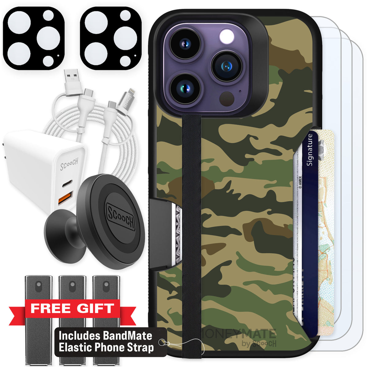 Scooch Moneymate Classic Camo for iPhone 14 Pro — Ultimate Bundle