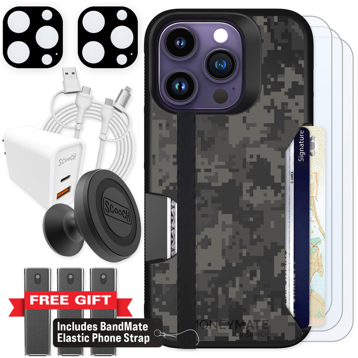 Scooch Moneymate Digi Camo for iPhone 14 Pro — Ultimate Bundle