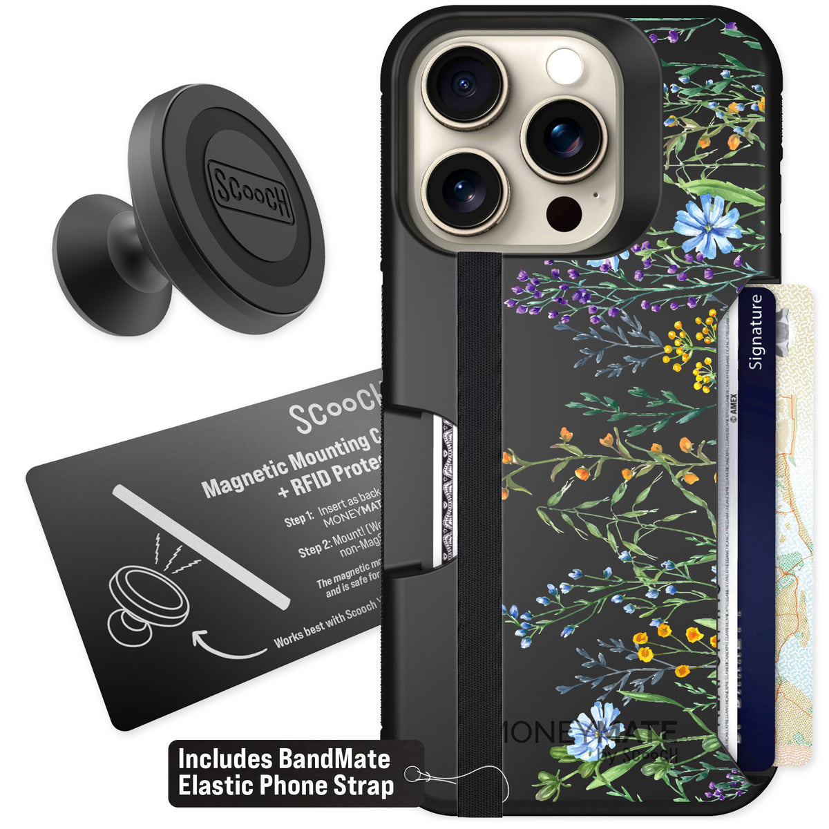 Scooch Moneymate Meadow Bloom for iPhone 15 Pro — Starter Bundle