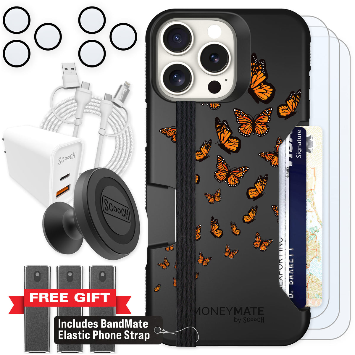 Scooch Moneymate Monarch Flight for iPhone 16 Pro Max — Ultimate Bundle