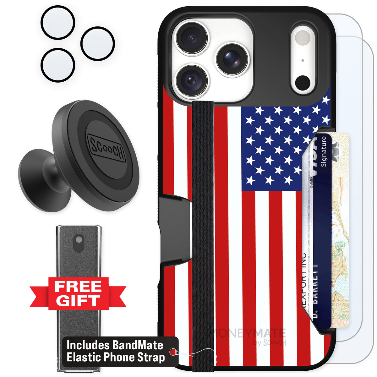 Scooch Moneymate Stars and Stripes for iPhone 18 Pro Max — Defender Bundle
