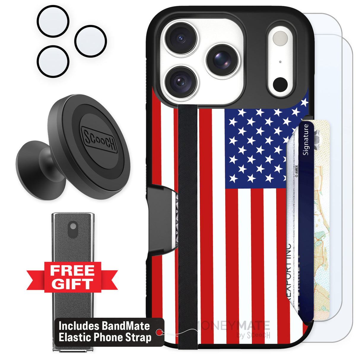 Scooch Moneymate Stars and Stripes for iPhone 18 Pro — Defender Bundle