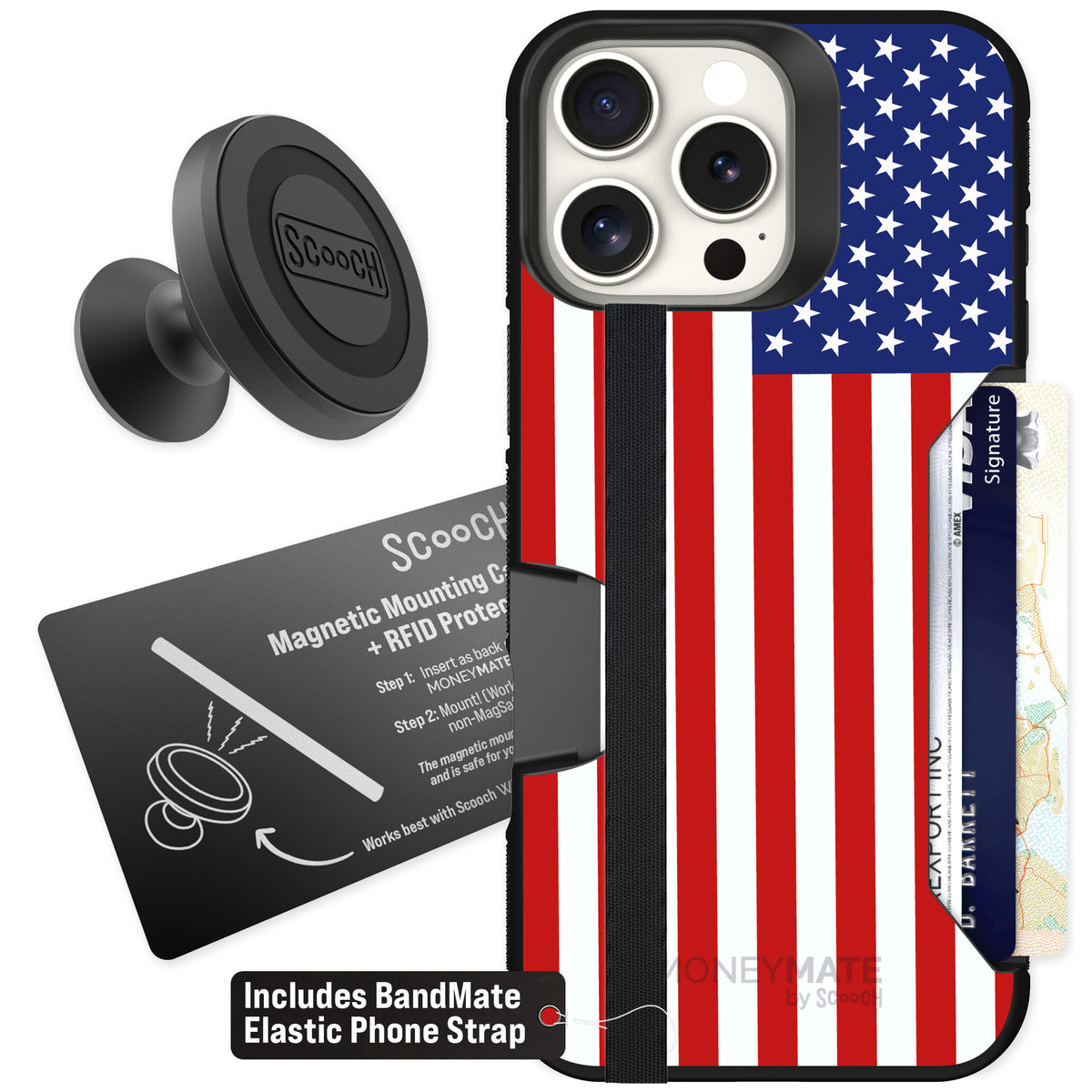 Scooch Moneymate Stars and Stripes for iPhone 16 Pro Max — Starter Bundle