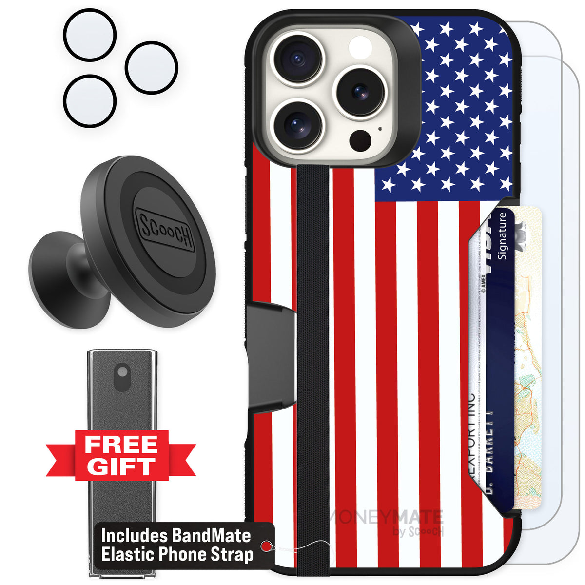 Scooch Moneymate Stars and Stripes for iPhone 16 Pro Max — Defender Bundle