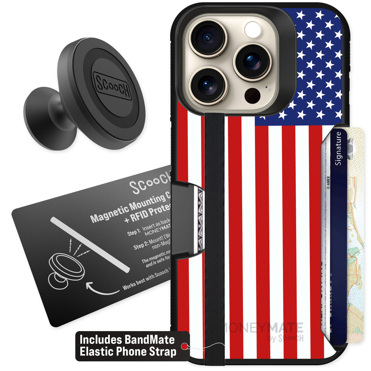 Scooch Moneymate Stars and Stripes for iPhone 15 Pro — Starter Bundle