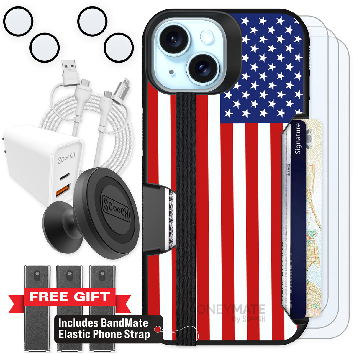 Scooch Moneymate Stars and Stripes for iPhone 15 — Ultimate Bundle