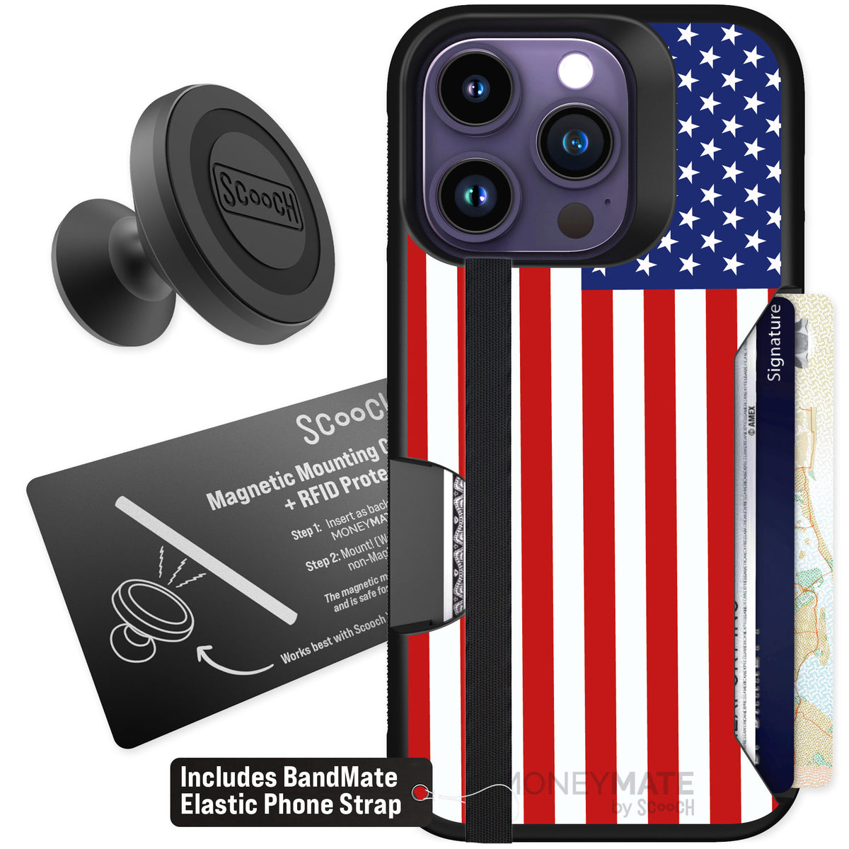 Scooch Moneymate Stars and Stripes for iPhone 14 Pro — Starter Bundle