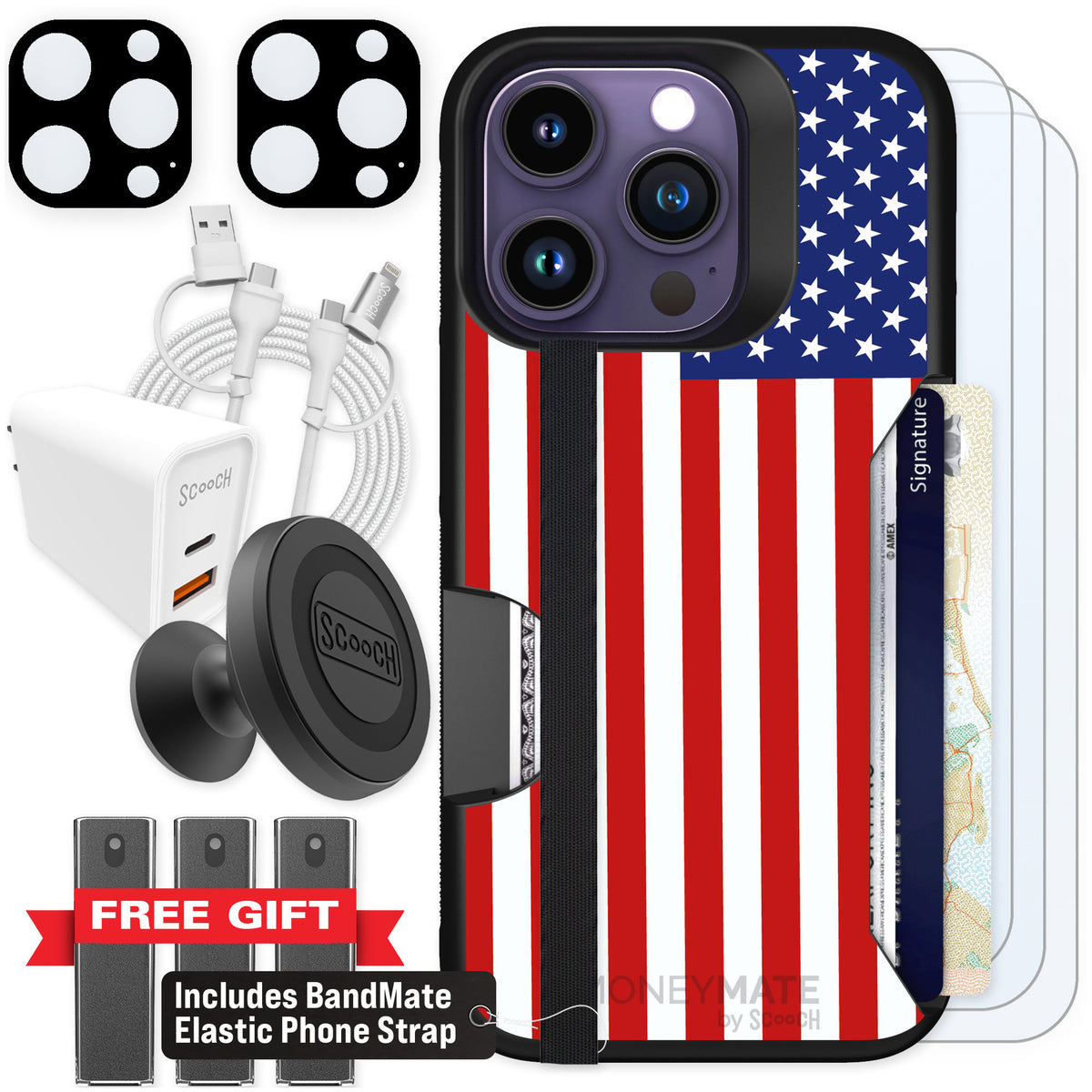 Scooch Moneymate Stars and Stripes for iPhone 14 Pro — Ultimate Bundle