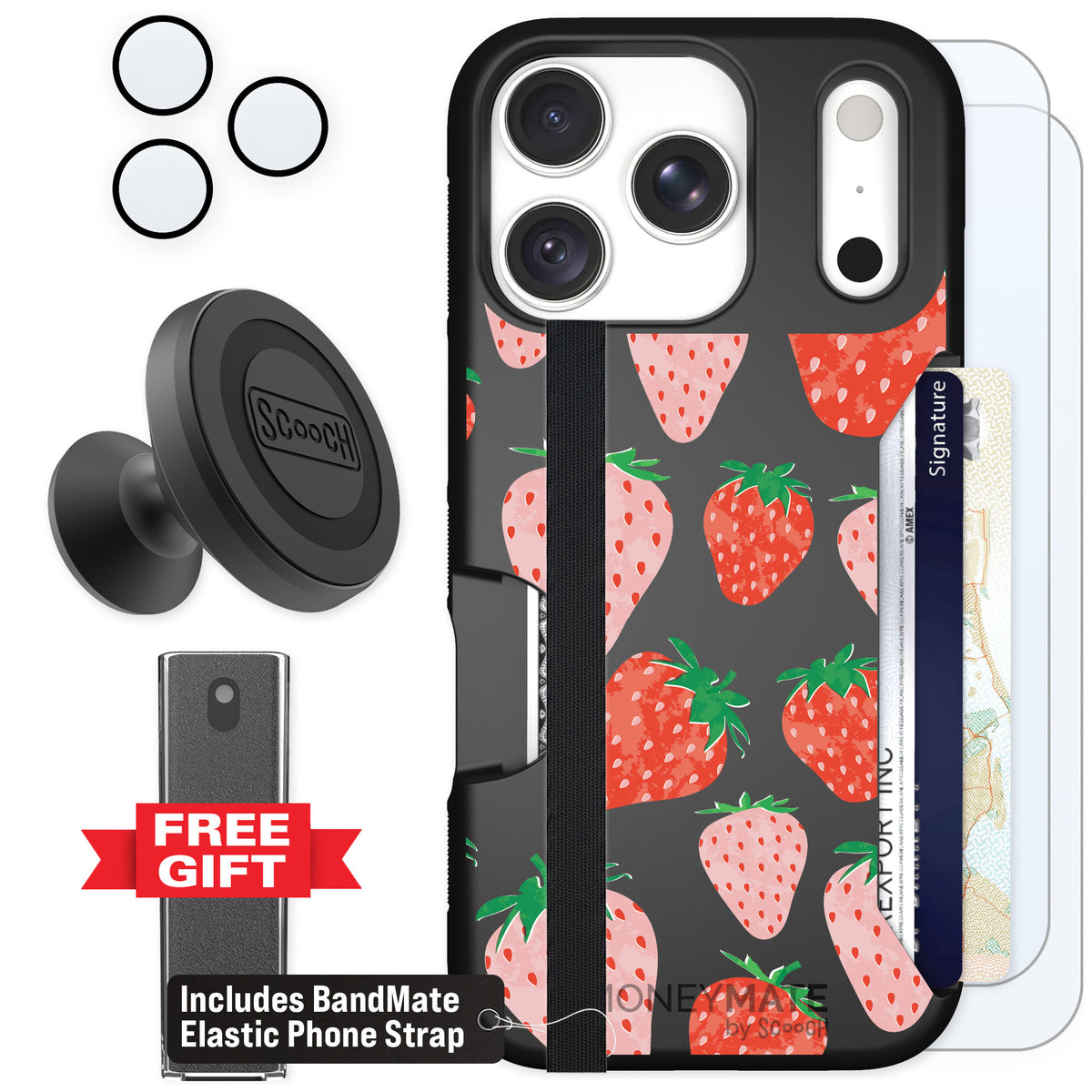 Scooch Moneymate Strawberry Fields for iPhone 18 Pro — Defender Bundle