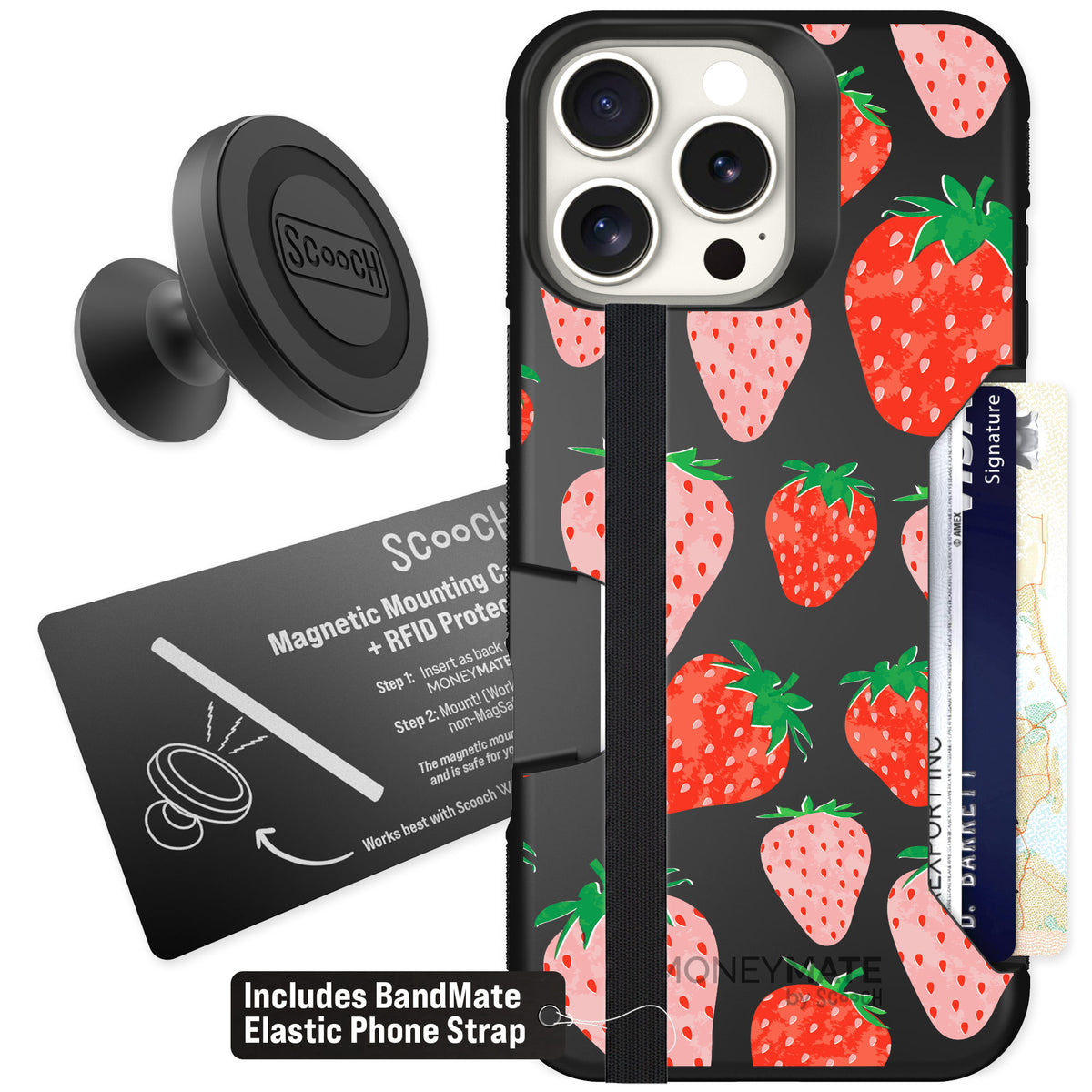 Scooch Moneymate Strawberry Fields for iPhone 16 Pro Max — Starter Bundle