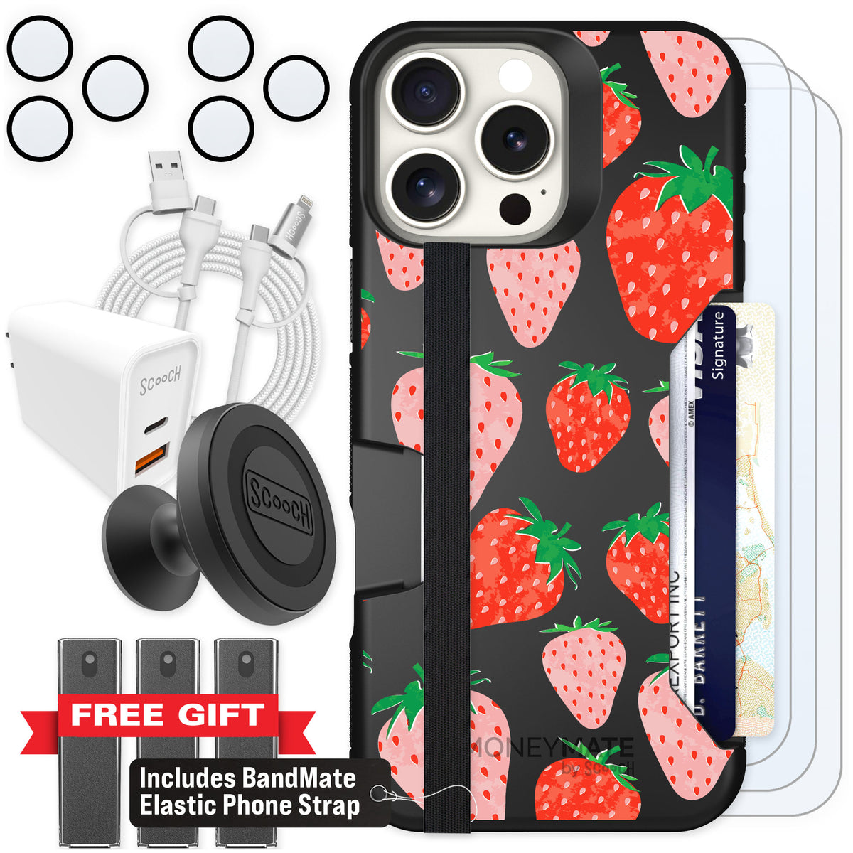Scooch Moneymate Strawberry Fields for iPhone 16 Pro Max — Ultimate Bundle